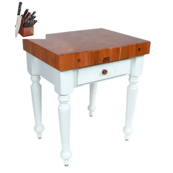 John Boos Rustica - Cherry Table 30x24x34.5 inches with Henckels Knife Set