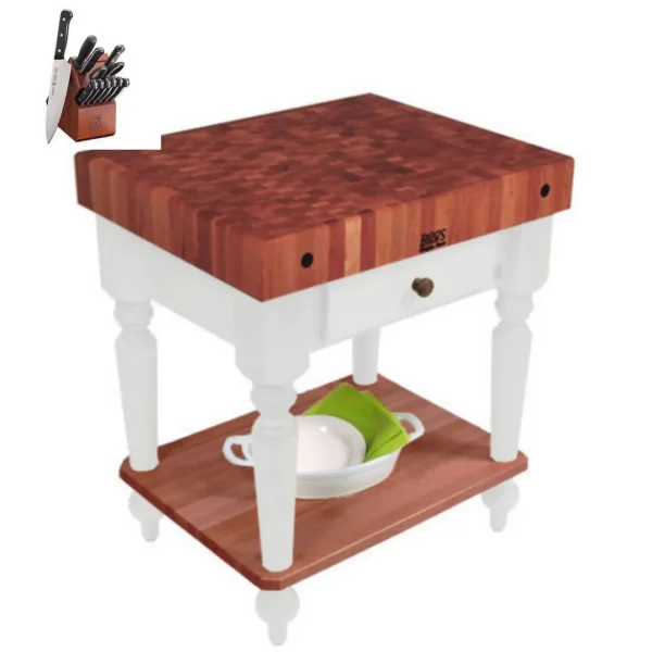 John Boos Rustica - Cherry Table 30x24x34.5 inches with Shelf and Henckels Knife Set
