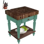 John Boos Rustica - Walnut Table 30x24x34.5 inches with Shelf and Henckels Knife Set