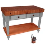 John Boos Rustica - Cherry Table 48x24x34.5 inches with a shelf and Henckels Knife Set