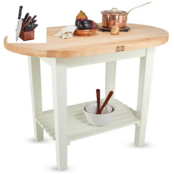 John Boos Elliptical C-Table 72x30x35 inches with Henckels Knife Set
