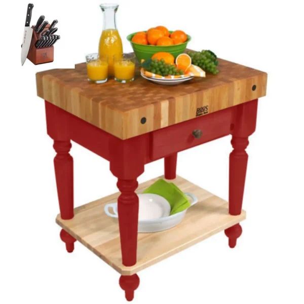 John Boos Rustica - Maple Table 30x24x34.5 inches with Shelf and Henckels Knife Set