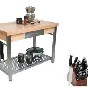 John Boos Cucina Grande Maple – Edge Grain Top Table with Drop Leaf 48x36x35 inches with Henckels Knife Set