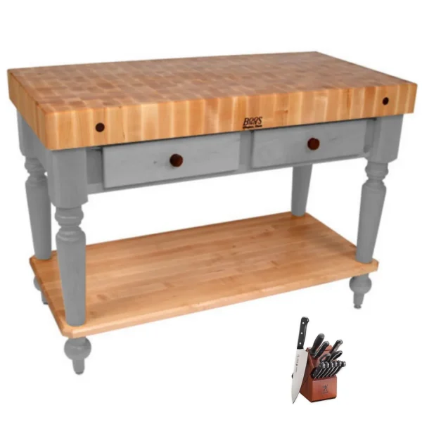 John Boos Rustica - Maple Table 48x24x34.5 inches with shelf and Henckels Knife Set